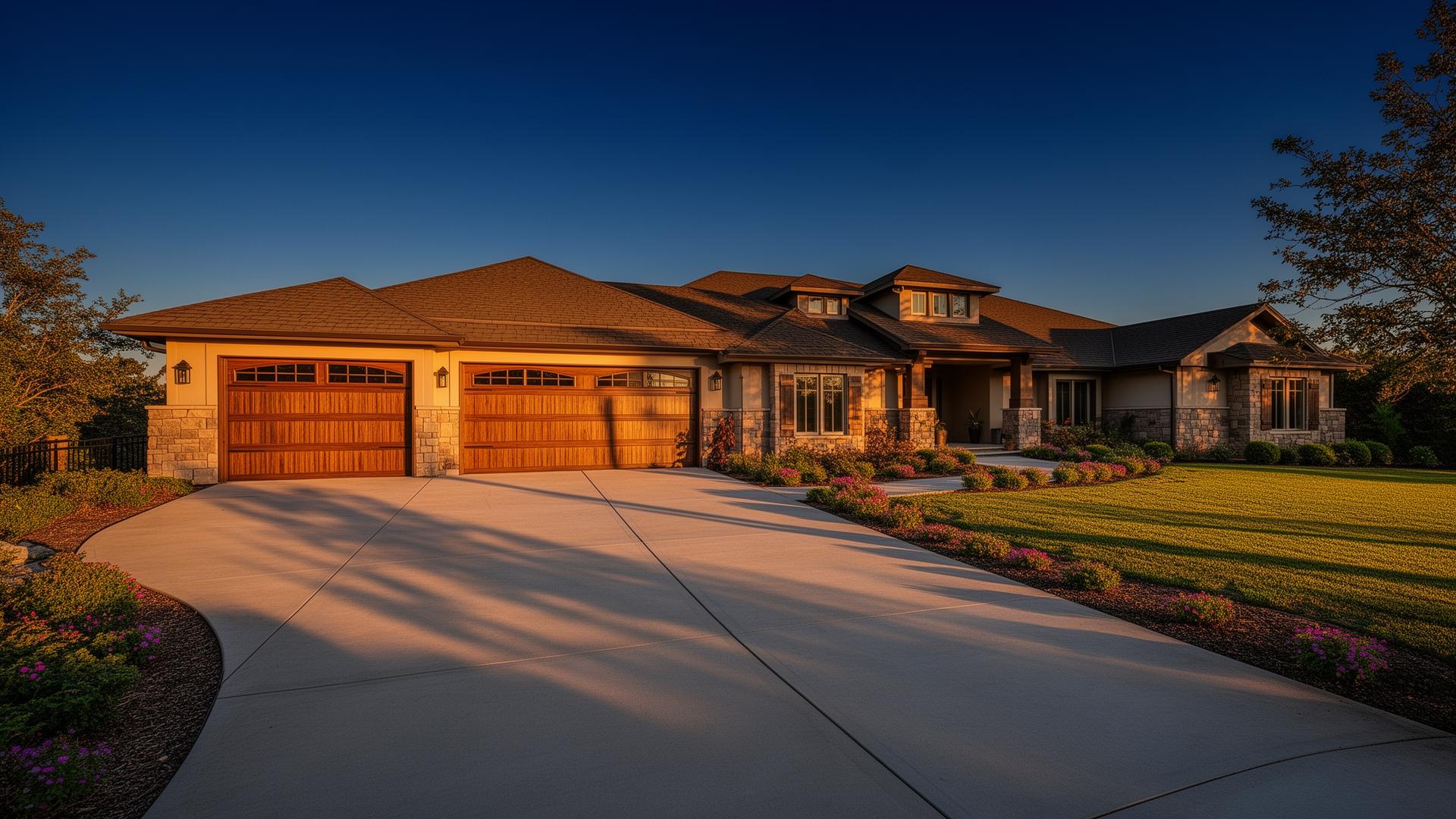 Premium insulated steel garage doors on luxury ranch home in Wakeman Ohio