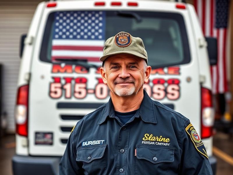 Veteran owner of Wakeman Garage Doors standing proudly in front of service vehicle